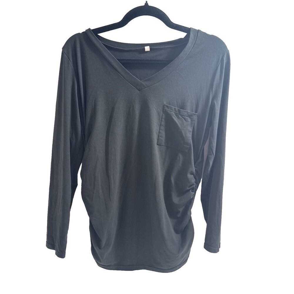 Black Maternity T-Shirt Women's M Black with Pocket V Neck Gathered Sides